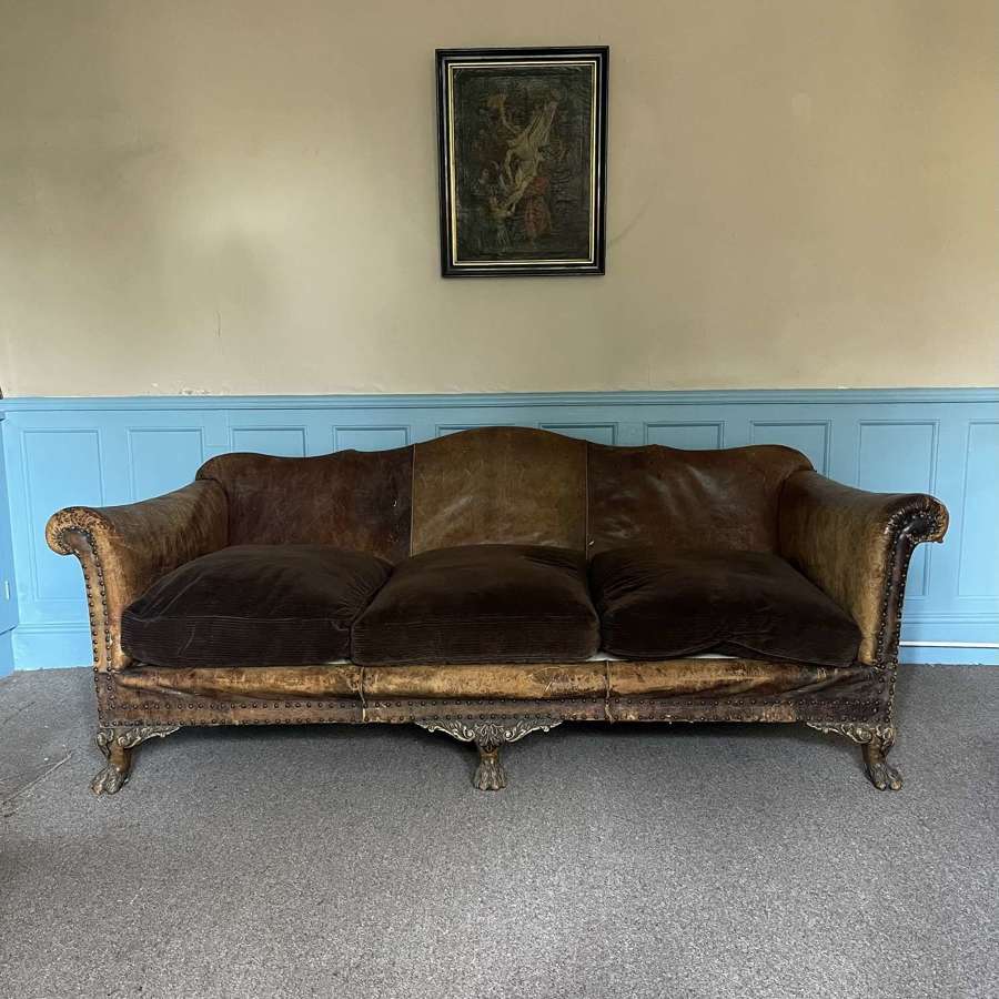 Early 20th century camel back, leather sofa
